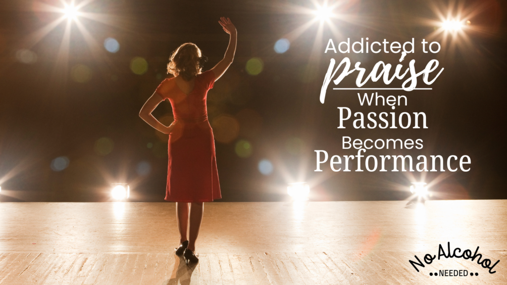 Image: woman wearing a red dress, standing on the stage facing away from the camera, toward the crowd. She's waving to the crowd, with spotlights all focused on her. Image represents the author's experience with untangling self worth and over achieving.