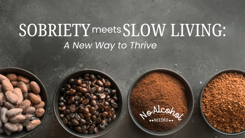 Four bowls holding coffee in different stages of grinding, from the whole beans to espresso grounds. Images symbolizes author's story of how slow living supports sobriety.