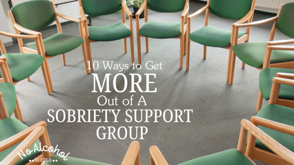 Image: A circle of turquoise chairs with wooden arm rests and legs on a linoleum floor. Symbolizes a sobriety support group.