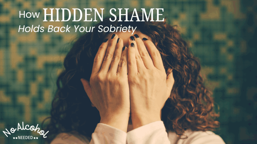Curly-haired woman hiding her face with her hands, symbolizing hiding from shame in sobriety