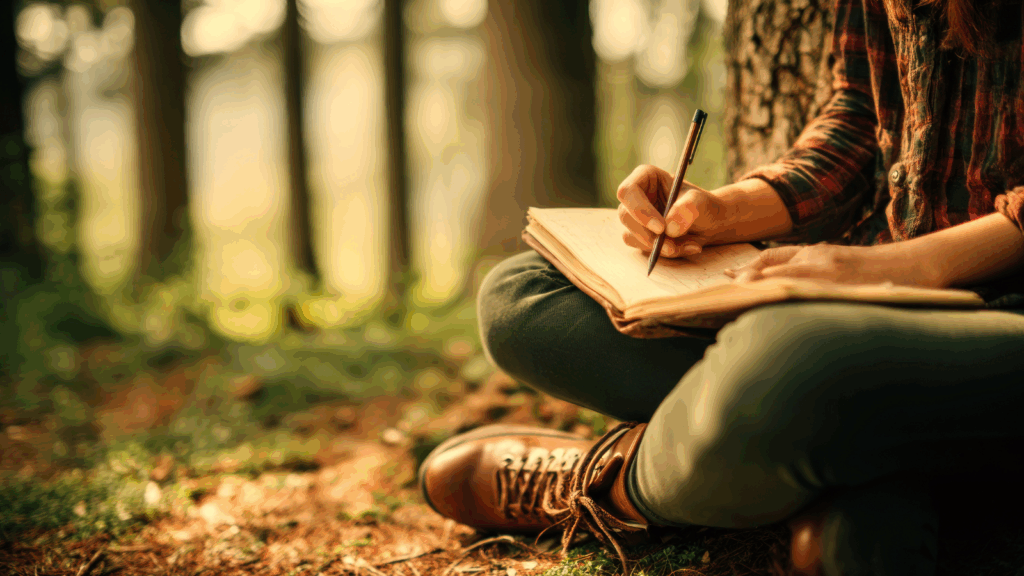 A woman's body - shoulders down - sitting cross legged in the forest. She's holding a journal in her lap and a pen in her hand, and is writing. 