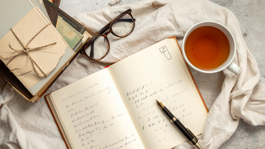 Flatlay of open journal with writing on the pages, a cup of tea, reading glasses, and some stacked paper. Image symbolizes processing emotions in a healthy way by writing in a journal.