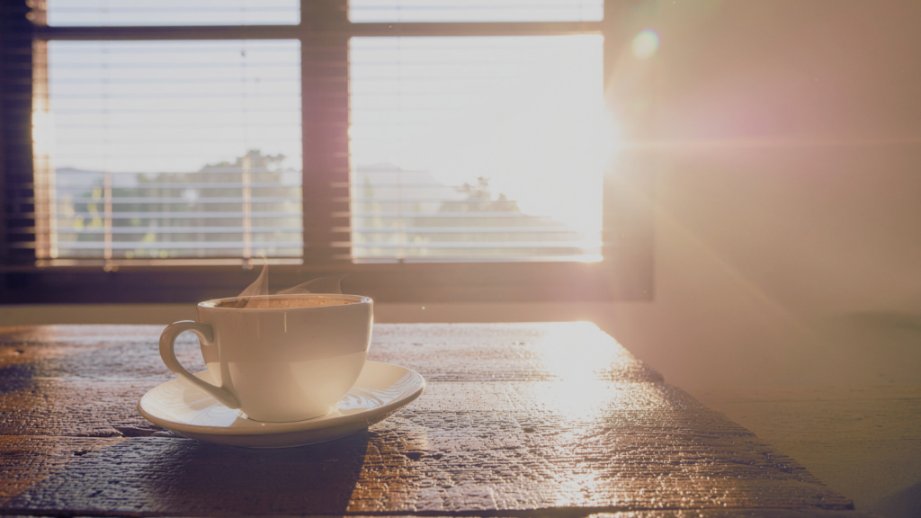 a white mug on a plate in front of a window with morning sunlight shining in.