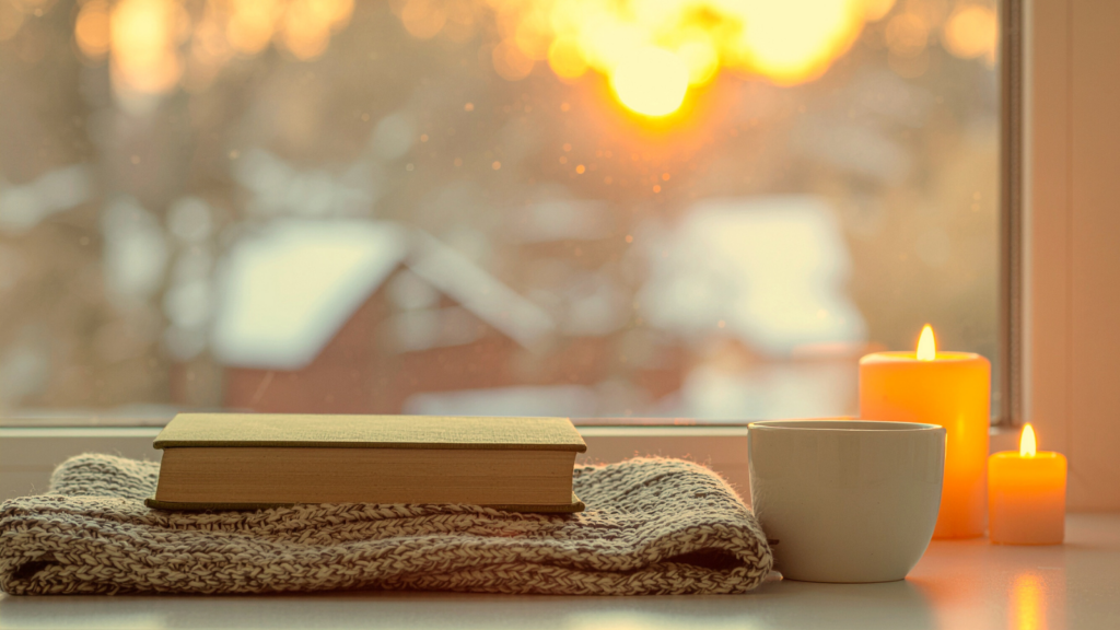 Cozy winter scene with a book, candle, and cup by a window, reflecting on how to do Dry January without feeling deprived.