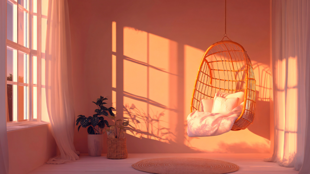 A swinging basket chair with pillows inside, inviting the reader to calm their nervous system to reduce Dry January stress.