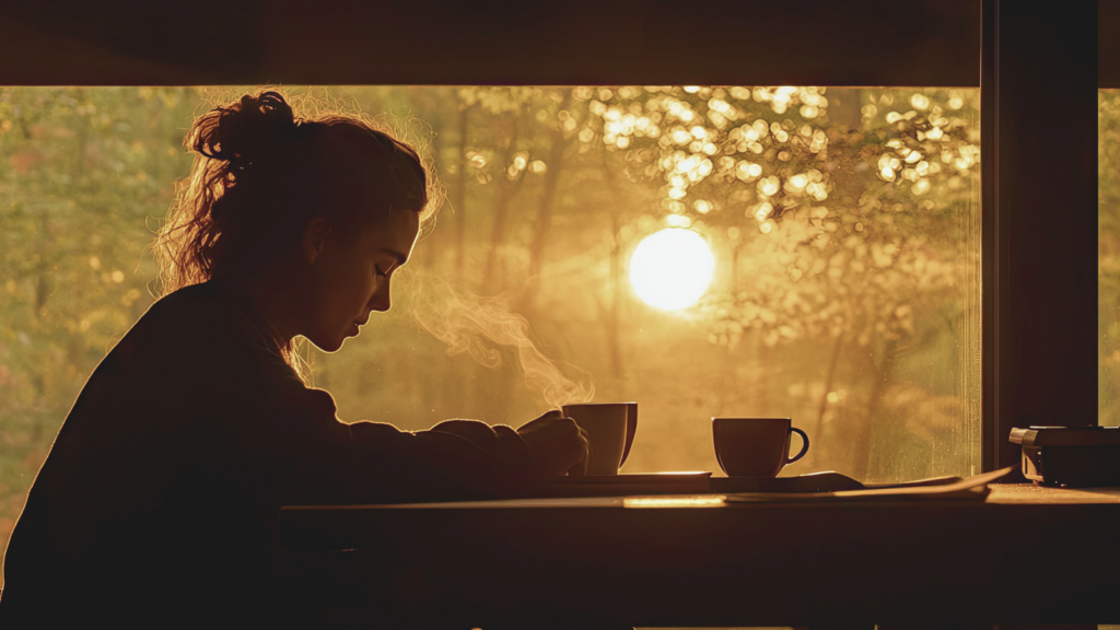 Woman sitting thoughtfully in the dark as the sun comes up. Reflects the blog post, which is about waking up in the middle of the night with anxious thoughts.
